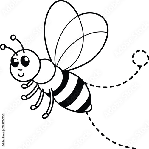 Smiling Cartoon Bee Flying Line Art Vector Illustration