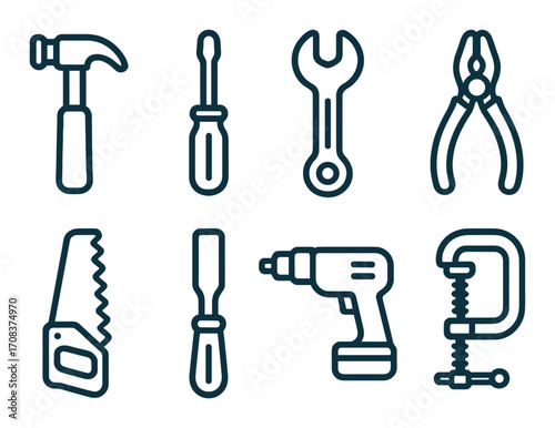 Silhouette tool collection: hammer, screwdrivers, wrench, pliers, saw, drill, clamp