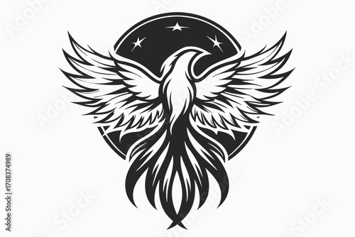 Majestic phoenix soars powerfully with wings extended against a black and white stellar backdrop