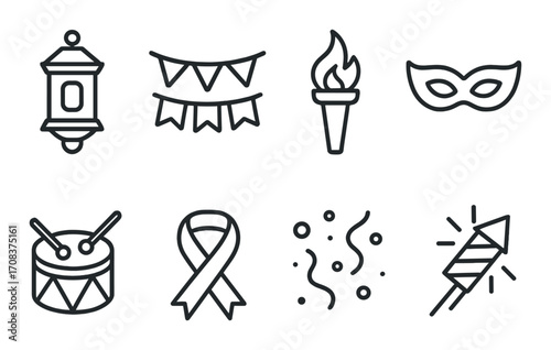 Icons of celebration: lantern, banner, torch, mask, drum, ribbon, confetti, firework