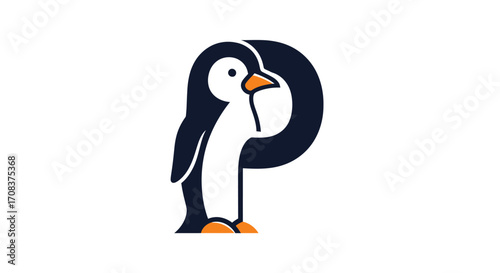 Stylized Penguin Logo with Orange Beak and Feet
