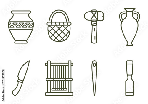 Ancient tools and artifacts illustration: pottery, basketry, weaving, and craft implements