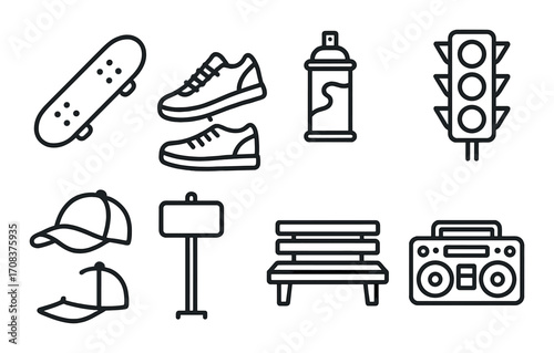 Urban street elements icon set featuring skateboard and sneakers on textured background