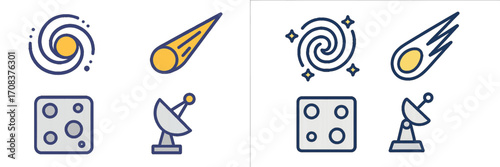 Celestial symbols representing galaxies, comets, and satellite dishes for astronomical studies and entertainment activities
