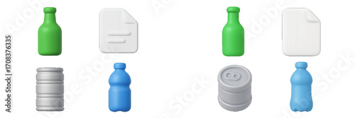 Various bottle and document icons displayed in a grid layout with different colors and shapes during a digital design session