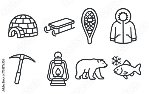 Icon set depicting arctic life with igloo, sled, snowshoe, coat, pickaxe, lantern, polar bear, fish