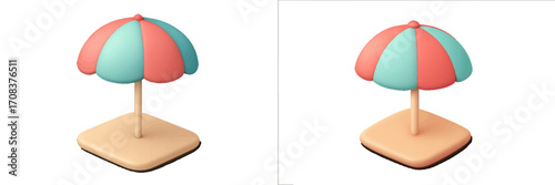 Colorful beach umbrella set against a simple background, showcasing a playful summer vibe during a sunny day at the beach
