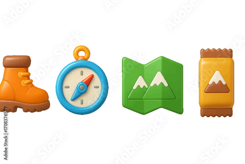 Icons representing outdoor adventure items including boots, compass, map, and snack bar for hiking activities in nature
