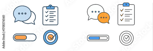 Communication and productivity icons illustrating task management and progress tracking in a simple design