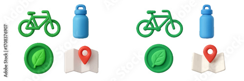 Creative green and blue icons for cycling activities and eco-friendly initiatives displayed together in a neat arrangement