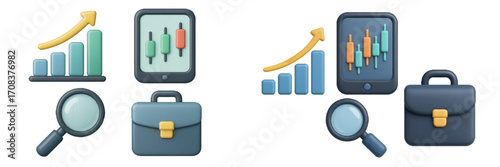 Graphics representing financial analysis and investment growth with charts, magnifying glasses, and briefcases showcased in a modern design style