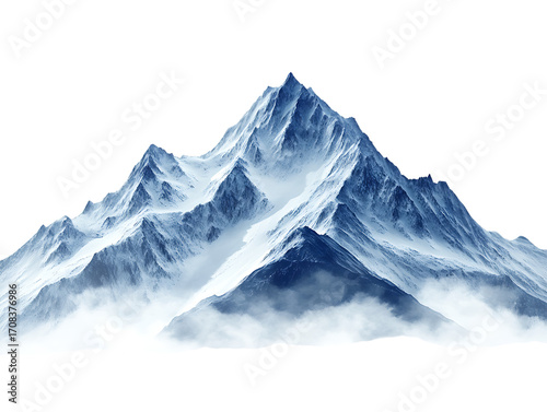 Majestic snow capped mountain peak with mist isolated on transparent background