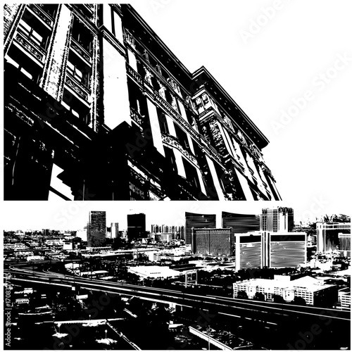 Monochromatic architectural study of a historic building facade and urban cityscape.