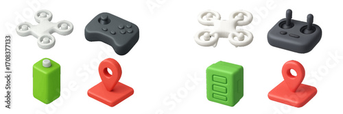 Colorful collection of gaming and drone accessories on a white background with intricate designs and unique shapes