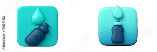 Colorful design showcasing a water bottle and droplet on a modern background in a digital art style