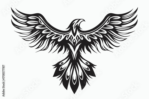 Ornate phoenix soars with striking tribal patterns in black and white monochromatic style
