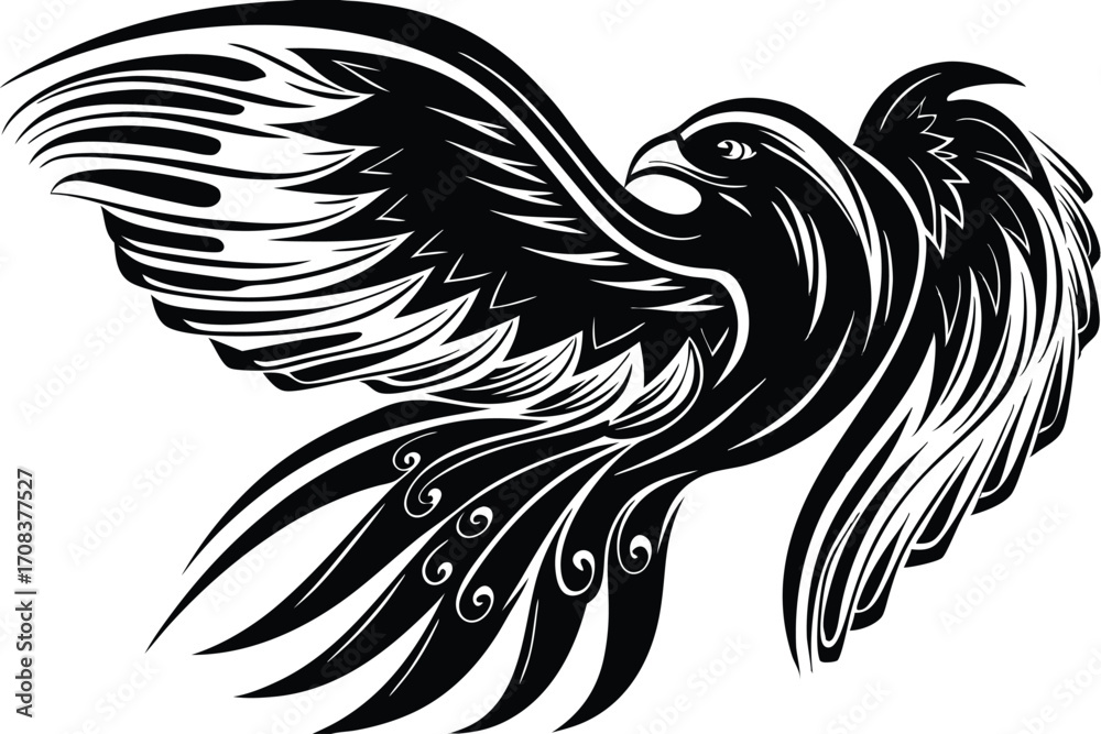 Obraz premium The stylized monochrome hawk is captured soaring with its widespread wings and intricate feather details
