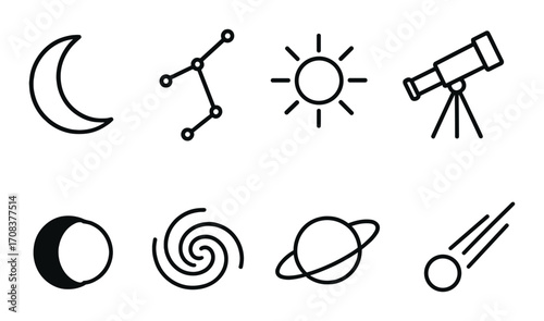 Celestial symbols: moon, constellation, sun, telescope, eclipse, galaxy, saturn, comet