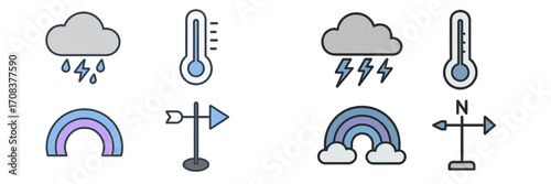 Weather icons representing different atmospheric conditions including storms, temperature, and rainbows