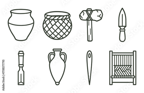 Collection of ancient artifacts including pottery and tools