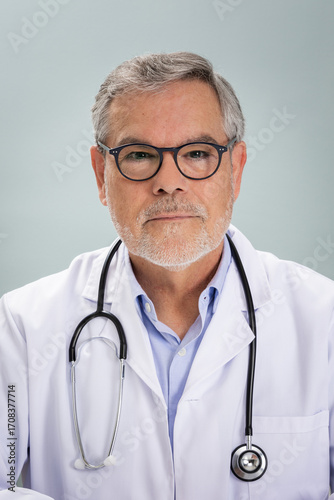 A friendly doctor in a white coat is ready for an online consultation. He wears glasses and has a stethoscope around his neck, offering a sense of reliability and care.