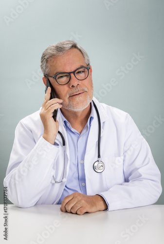 A healthcare professional is engaged in an online consultation, speaking on the phone while wearing a white coat. He looks attentive and approachable, providing medical advice remotely.