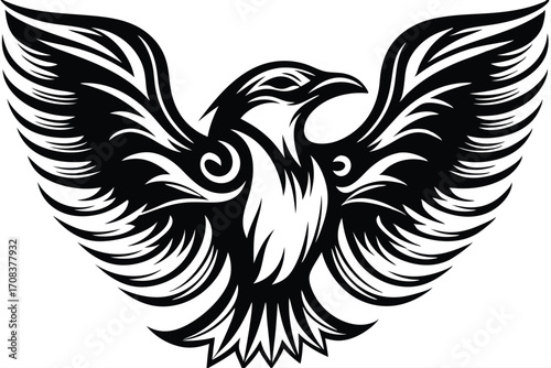 Striking black bird of prey spreads its stylized wings in bold monochrome