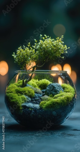 Miniature bonsai terrarium, lush greenery