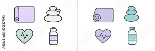 Wellness icons illustrating relaxation, hydration, and healthy living in a minimalist design