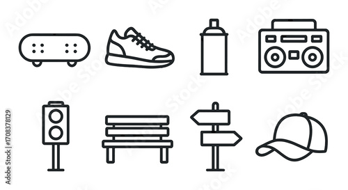 Urban icons: skateboard, sneaker, spray can, boombox, traffic light, bench, signpost, cap