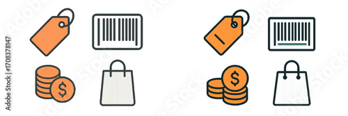 Shopping elements featuring price tags, coins, shopping bags, and barcodes in a minimalistic design