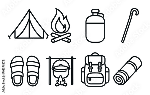Camping gear line icons: tent, campfire, backpack, and more essentials