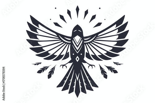 Intricate stylized black bird with open wings presents a detailed and artistic monochrome display