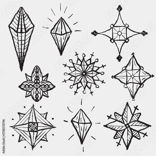 Hand-drawn sketch set of various stylized gems and crystals in a mystical or spiritual theme. Vintage vector sketch sigils. Witchcraft, witch symbols, religious signs, gems set, sigils
