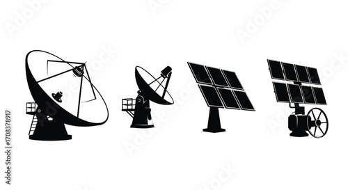 Foto Collection of satellite dishes and solar panels representing technology and rene