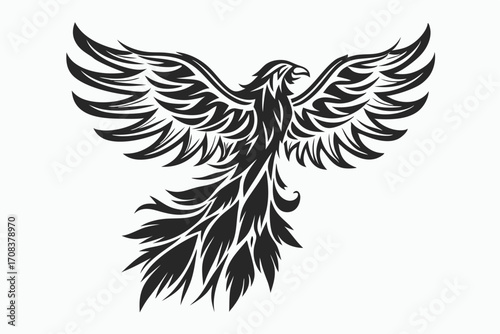 Isolated phoenix presents stylized black tribal feathers that create a captivating mythical creature