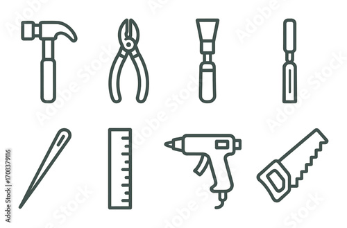 Collection of tool icons: hammer, pliers, chisel, needle, ruler, drill, saw