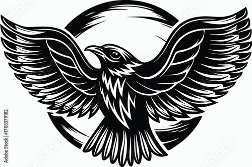 Majestic eagle soars powerfully through a broken black circle in detailed form