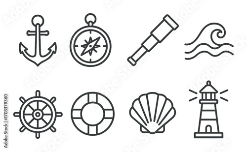 Nautical icons: anchor, compass, telescope, waves, wheel, lifebuoy, shell, lighthouse
