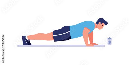 Strength training action man doing push-ups at home fitness routine healthy lifestyle motivational environment. Vector illustration