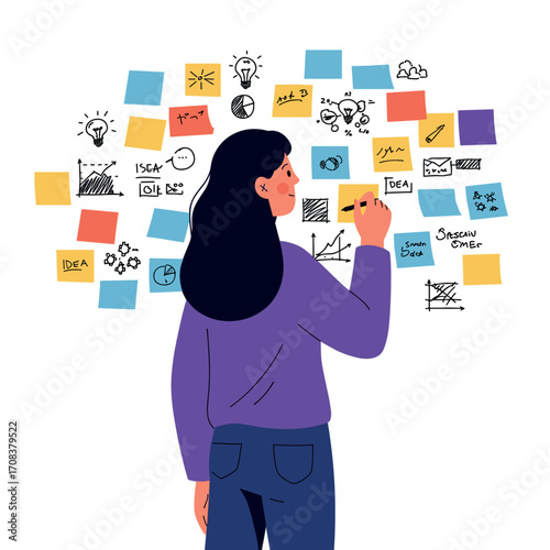 Creative brainstorming session office space digital illustration collaborative environment overhead view idea generation. Vector illustration