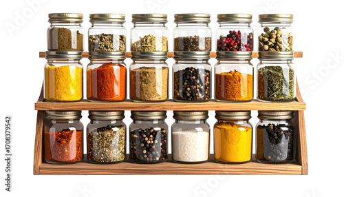 Fototapeta Naklejka Na Ścianę i Meble -  Wooden spice rack with glass jars