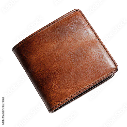 Closed brown leather wallet, top-down view (1)