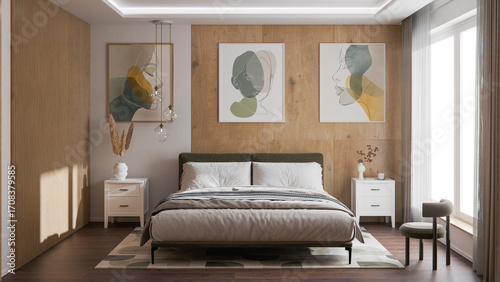 Scandinavian Autumn Bedroom Interior with Wooden Wall Panels and Cozy Decorations