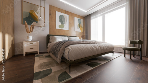 Scandinavian Autumn Bedroom Interior with Wooden Wall Panels and Cozy Decorations