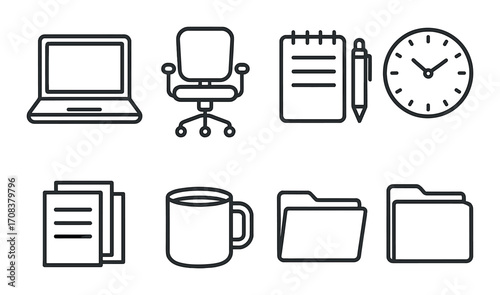 Office icons collection: laptop, chair, notebook, clock, documents, coffee mug, folders on dark background