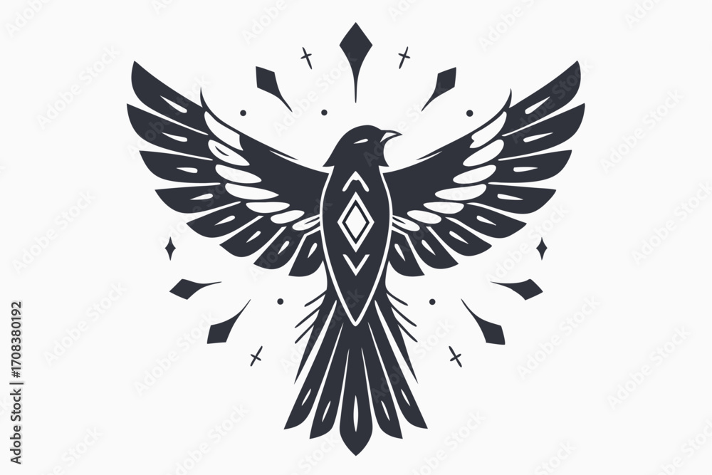 Obraz premium Raven soars, its wings spread wide amid celestial star shapes in black silhouette