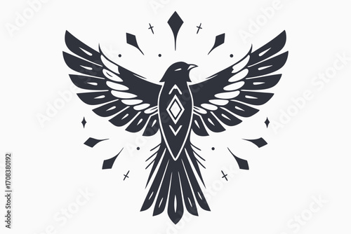 Raven soars, its wings spread wide amid celestial star shapes in black silhouette