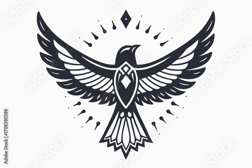 Stylized bold black bird soars with spread wings under the rhombus shape design