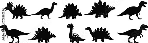 Silhouette dinosaur vector collection, prehistoric animal clipart, black Jurassic creatures illustration, stegosaurus brontosaurus tyrannosaurus cartoon graphics, cute dino decoration design art